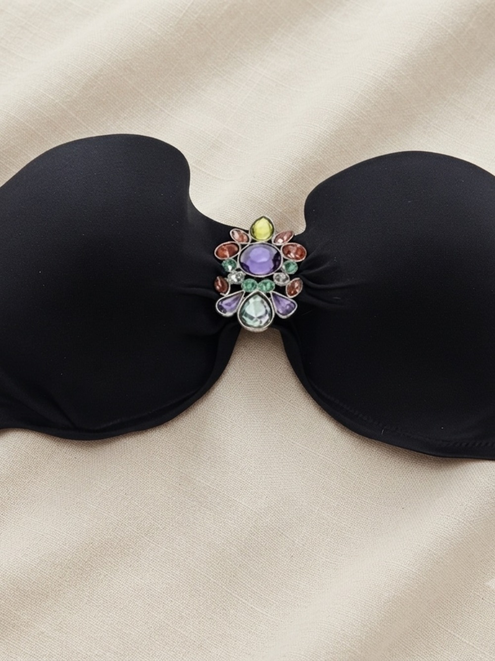 Victoria's Secret Black Strapless Adhesive Bandeau with Multicolor Jewel Accent